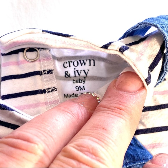 Crown & Ivy Denim suspender dress 9 month embroidered pockets striped bodysuit - Picture 8 of 9